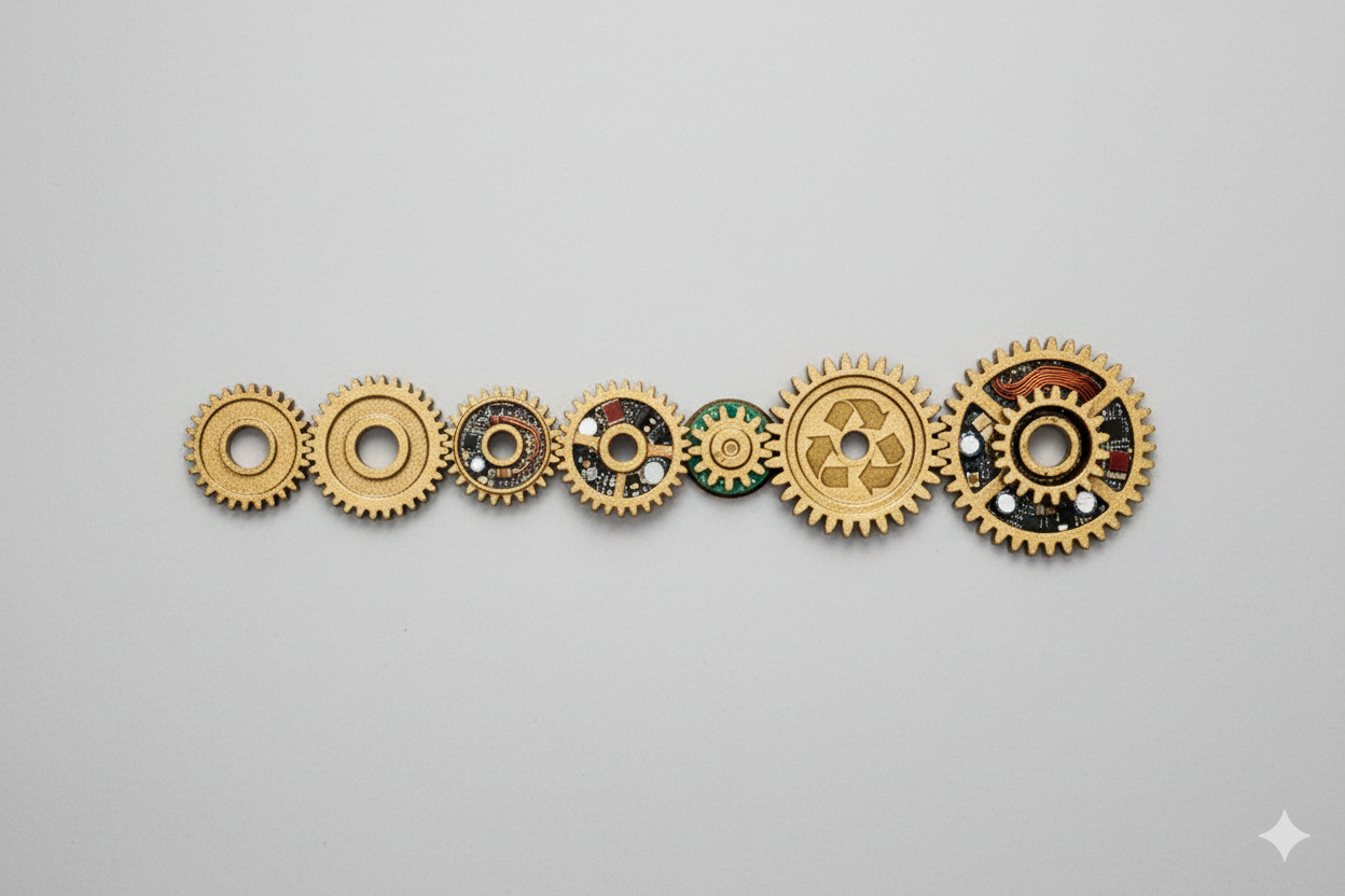 Série d’engrenages dorés alignés sur un fond gris clair, dont certains contiennent des circuits électroniques et un symbole de recyclage.