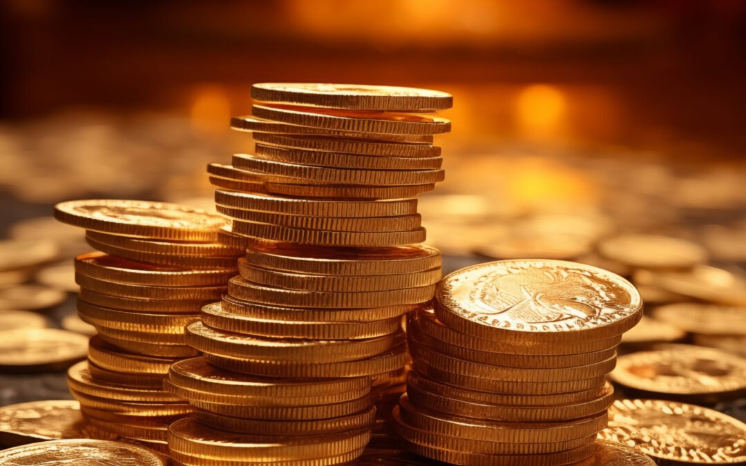 Piles de pièces d’or brillantes empilées sur une surface, éclairées par une lumière dorée.