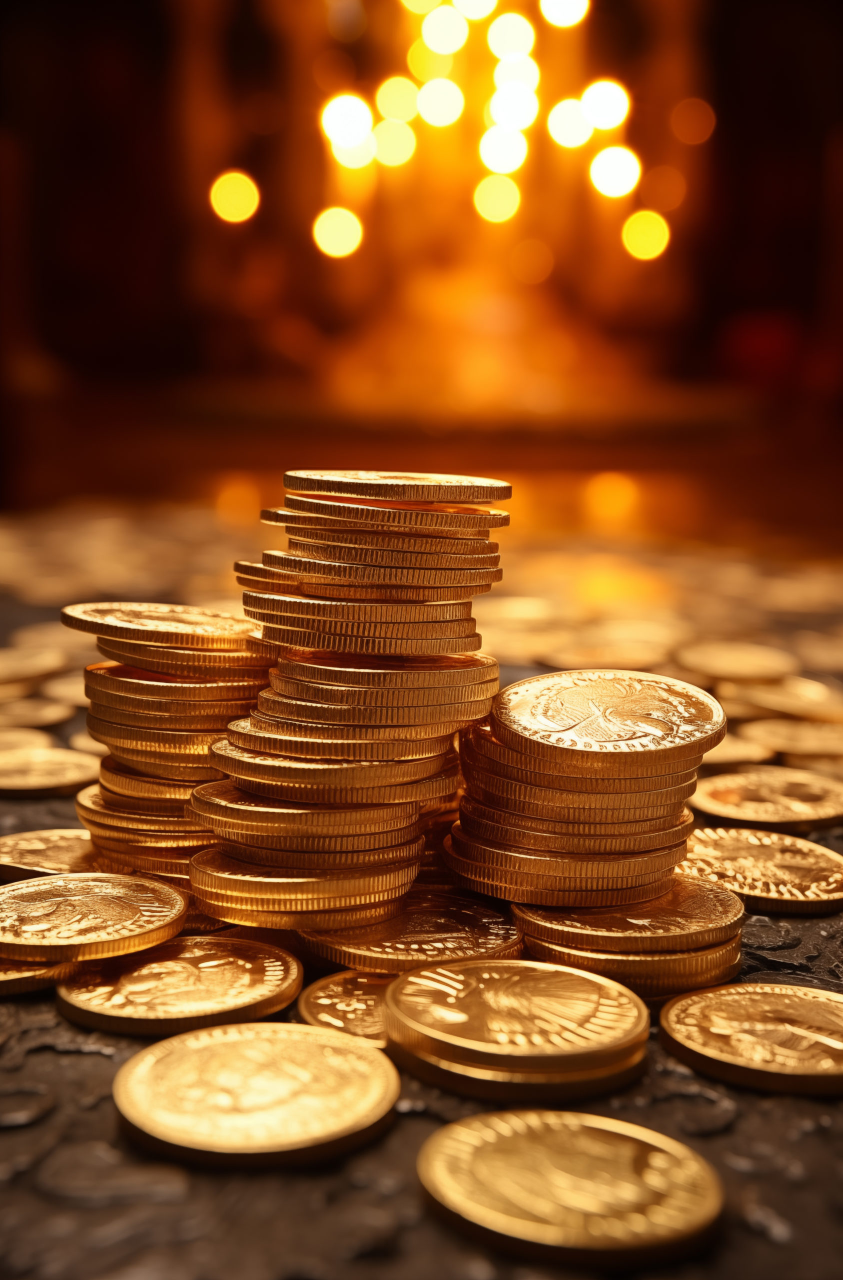 Piles de pièces d’or brillantes empilées sur une surface, éclairées par une lumière dorée.
