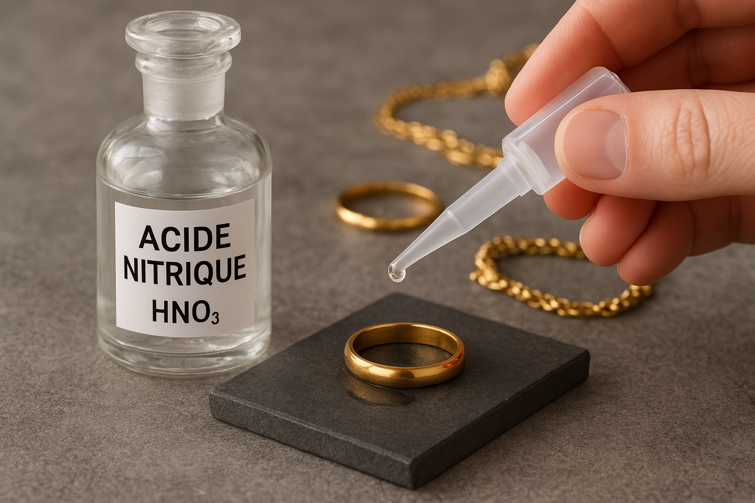 Main appliquant une goutte d'acide nitrique sur une bague en or pour en tester la pureté, avec une bouteille d'acide nitrique (HNO₃) en arrière-plan.