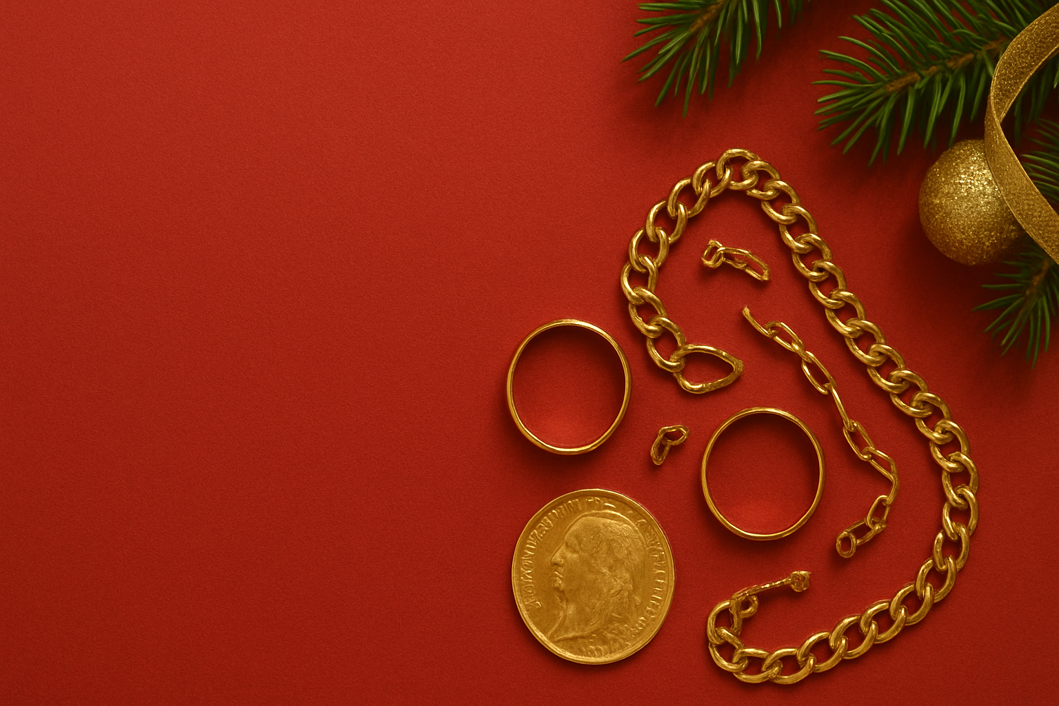 Bijoux en or et pièce ancienne posés sur un fond rouge avec décoration de Noël en sapin et boule dorée.