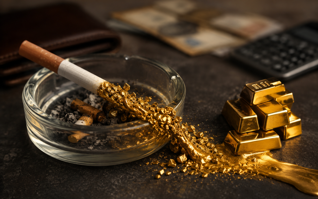 Cendrier en verre contenant des mégots de cigarettes d'où s'écoule de l'or liquide formant des pépites et des lingots d'or, posé sur une surface sombre avec un portefeuille, des cartes et une calculatrice en arrière-plan.