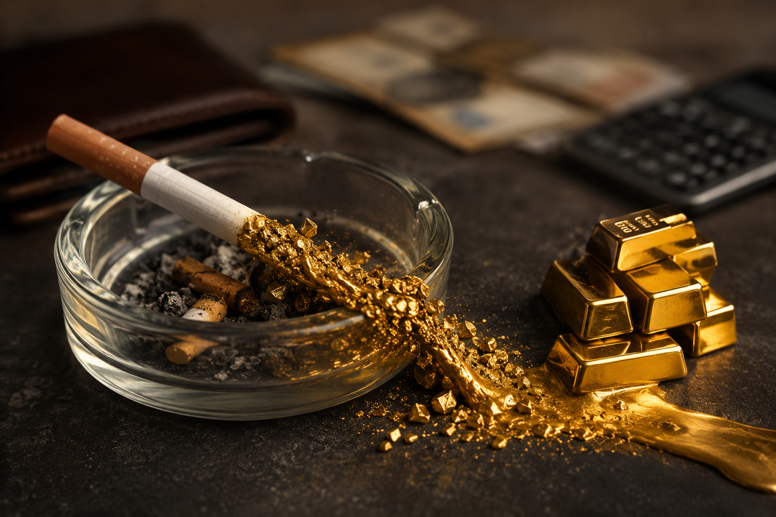 Cendrier en verre contenant des mégots de cigarettes d'où s'écoule de l'or liquide formant des pépites et des lingots d'or, posé sur une surface sombre avec un portefeuille, des cartes et une calculatrice en arrière-plan.