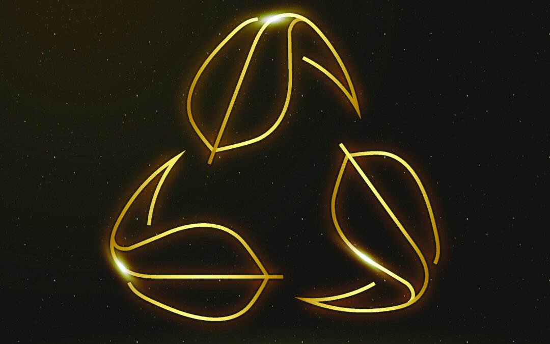 Logo de recyclage en feuilles d'or lumineuses sur fond noir pour le rachat d'or éco-responsable.