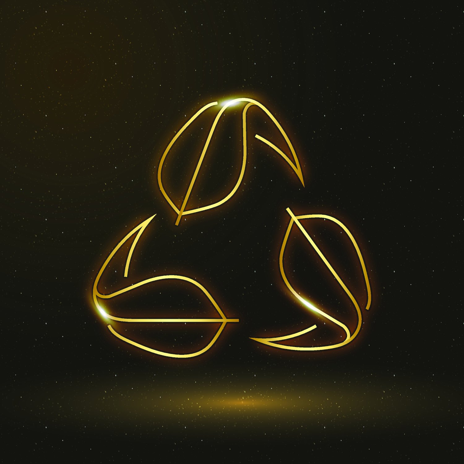 Logo de recyclage en feuilles d'or lumineuses sur fond noir pour le rachat d'or éco-responsable.