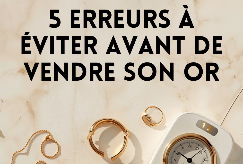 Infographie présentant les 5 erreurs à éviter avant de vendre son or, avec bijoux en or et balance de précision, sur fond ivoire, logo BR.OR