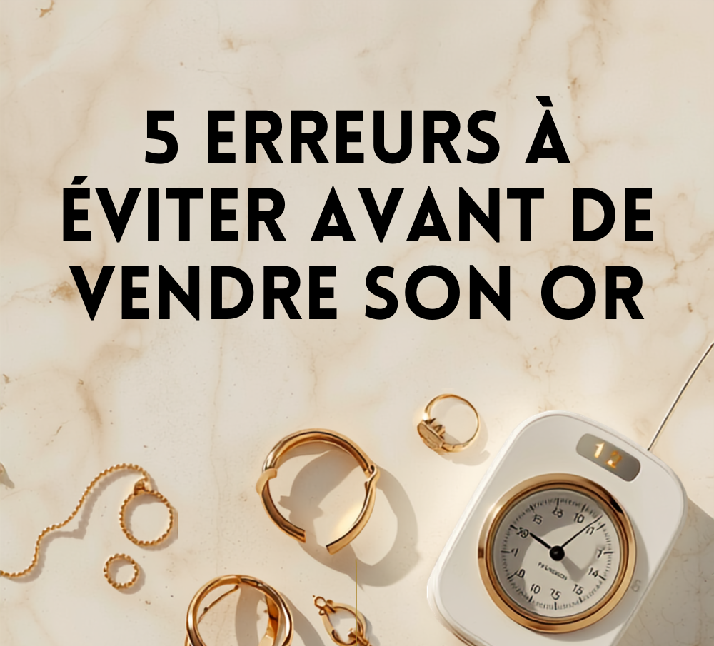 Infographie présentant les 5 erreurs à éviter avant de vendre son or, avec bijoux en or et balance de précision, sur fond ivoire, logo BR.OR