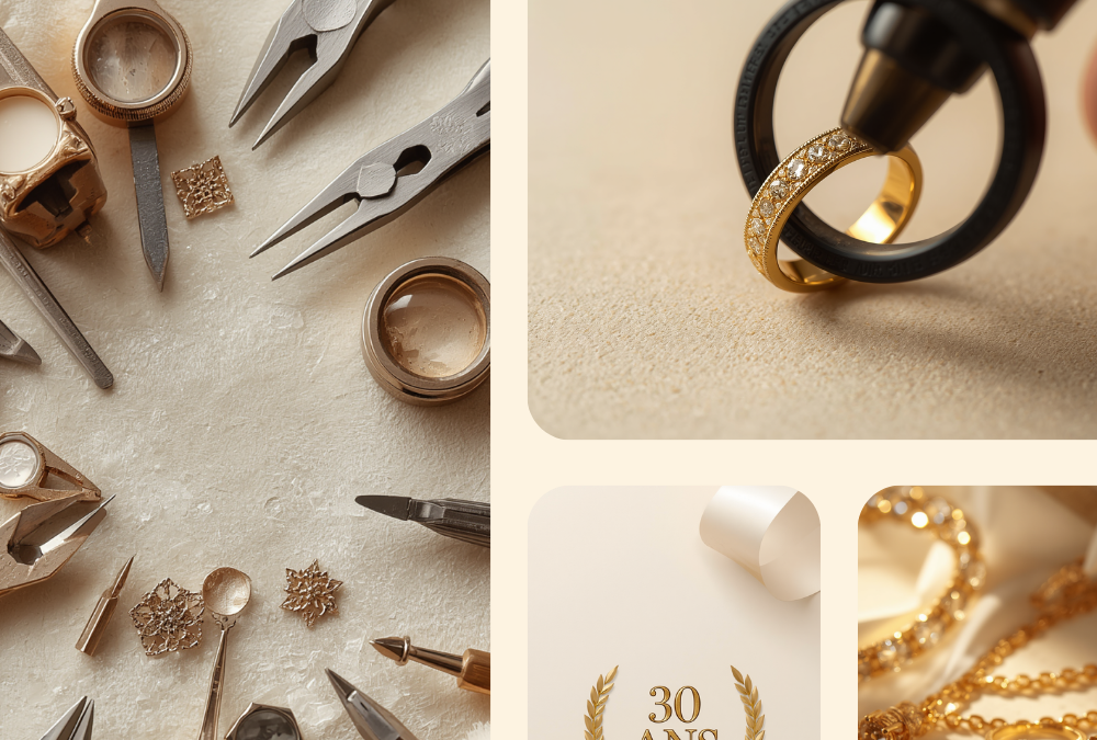 Bijoutière-créatrice expertisant des bijoux en or avec ses outils d'atelier, 30 ans d'expérience, BR.OR