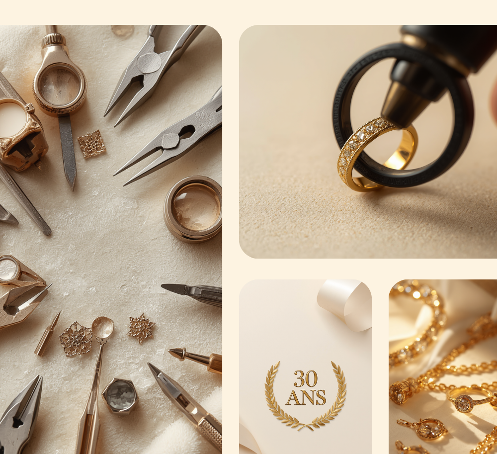 Bijoutière-créatrice expertisant des bijoux en or avec ses outils d'atelier, 30 ans d'expérience, BR.OR