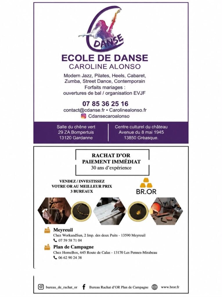 Encart publicitaire BROR, bureau de rachat d'or, dans le Guide touristique de Fuveau, avec les bureaux de Meyreuil et Plan de Campagne