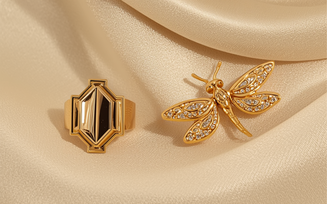 Bijoux anciens Art Déco et Art Nouveau : bague géométrique et broche en or, BR.OR